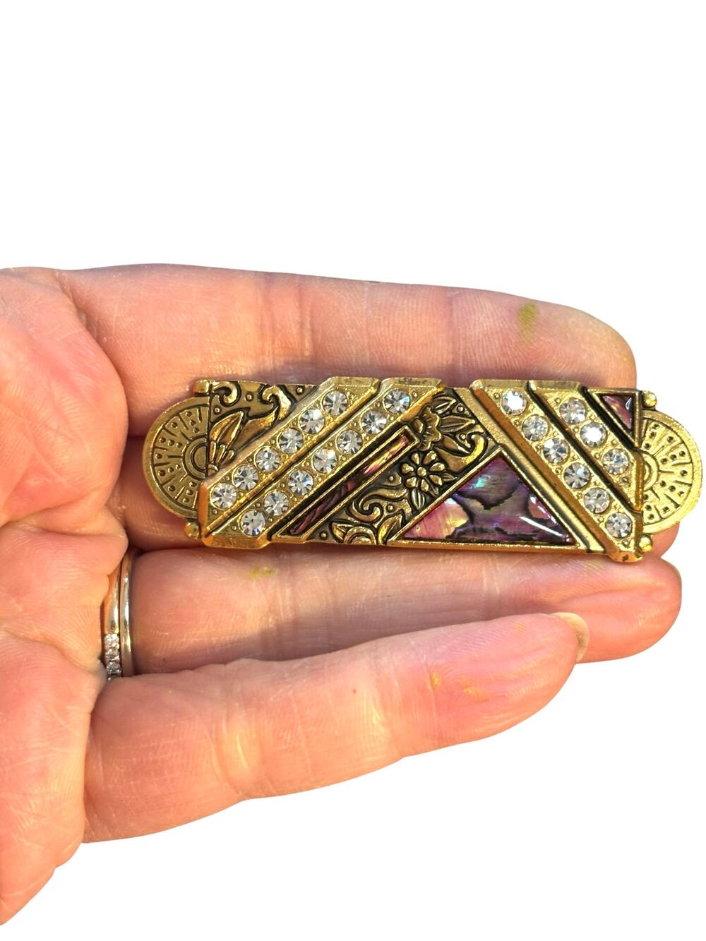 Vintage Art Deco Style Bar Brooch Gold Tone Rhinestone Abalone Inlay Geometric